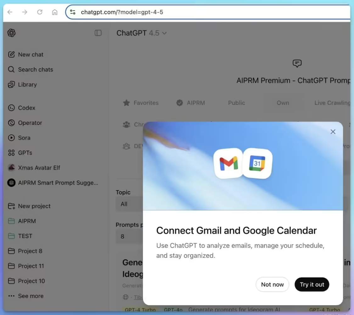 ChatGPT 灰度测试深度整合谷歌 Gmail / 日历功能，允许分析用户邮件内容生成日程
