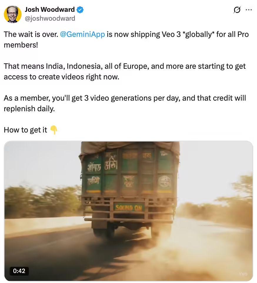 谷歌 Veo 3 AI 文生视频模型正式向 Pro / Ultra 会员开放，后续将新增“照片生成视频”功能