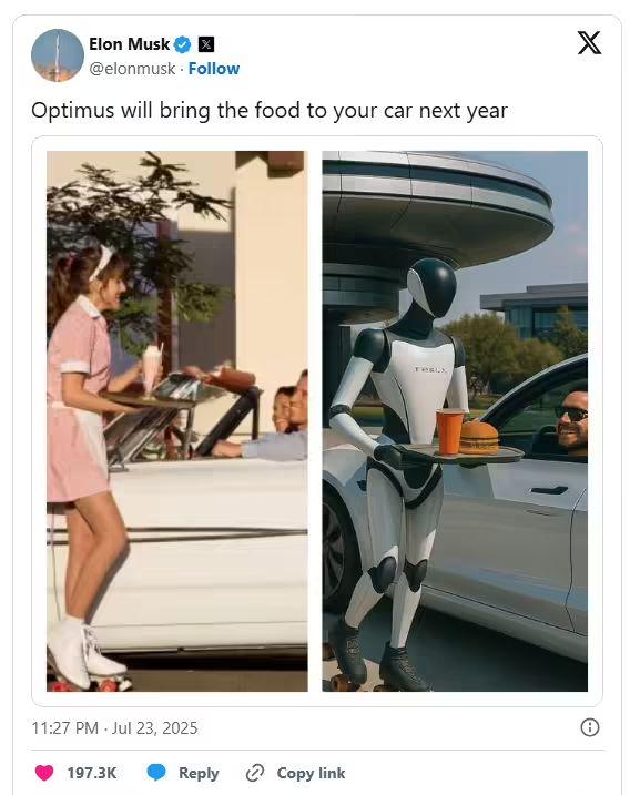 马斯克：超级充电餐厅的特斯拉人形机器人 Optimus 明年将晋升为送餐员