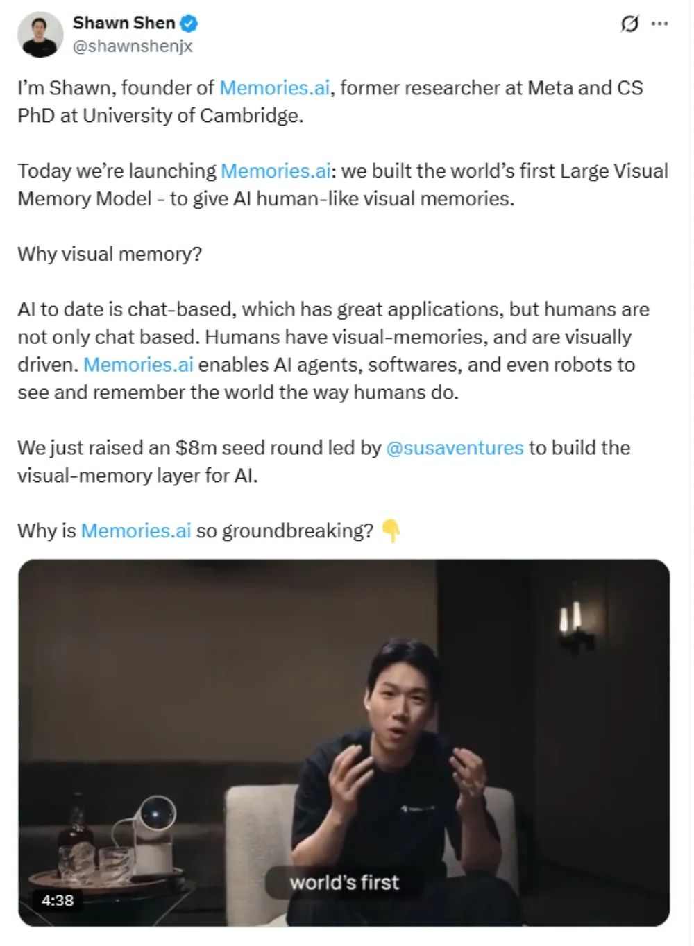 Memories AI携全球首个人工智能视觉记忆模型亮相