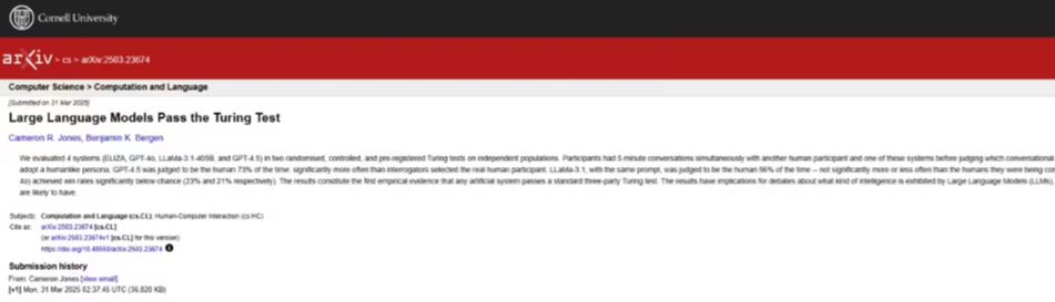 472c86ebj00su32z3000nd000qf007lp 加州大学研究:AI模型 GPT - 4.5 和 Llama 3.1 - 405B 可通过标准图灵测试